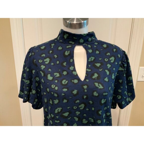 Walter Baker Blue & Green Leopard Puff Sleeve Keyhole Briella Top, Size L, NWT! - Picture 2 of 6